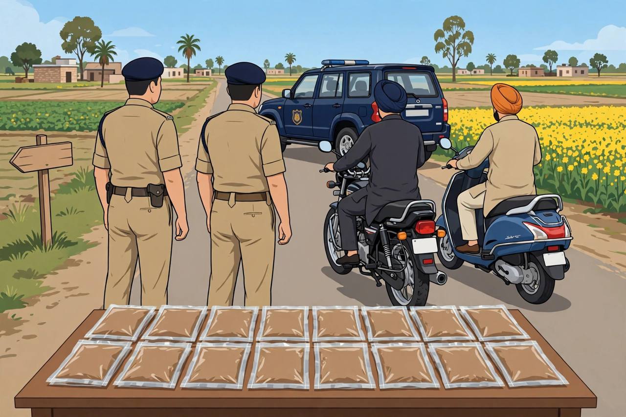 Editorial illustration of Punjab Police intercepting a motorcycle and scooter on a rural Amritsar road, with seized packets on a table