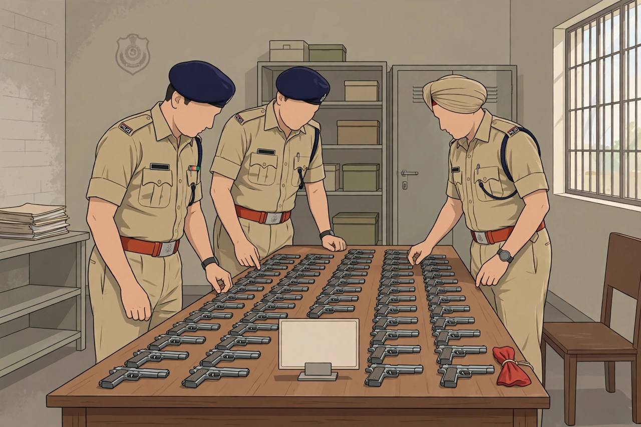 Editorial illustration of Punjab Police officers examining rows of seized pistols laid out on a table at an Amritsar police station
