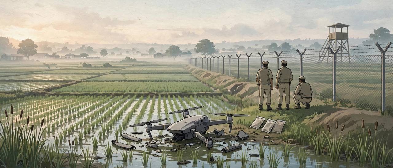 Editorial illustration of border security personnel examining a damaged drone and sealed packets in a paddy field near the border fence in Amritsar district