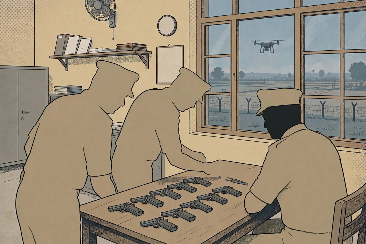 Editorial illustration: Punjab Police officers examining seized pistols laid out on a table at an Amritsar police office, with a drone outside the window