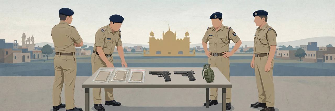 Editorial illustration of Punjab Police officers with seized evidence in Amritsar