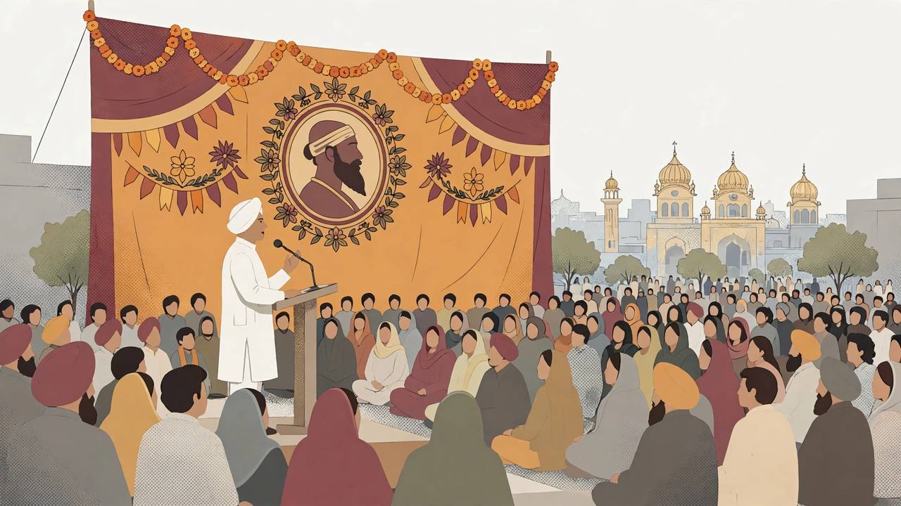 Editorial illustration of a state-level Valmiki Jayanti public gathering in Amritsar, with a generic leader at a podium addressing a crowd before a decorated ceremonial banner