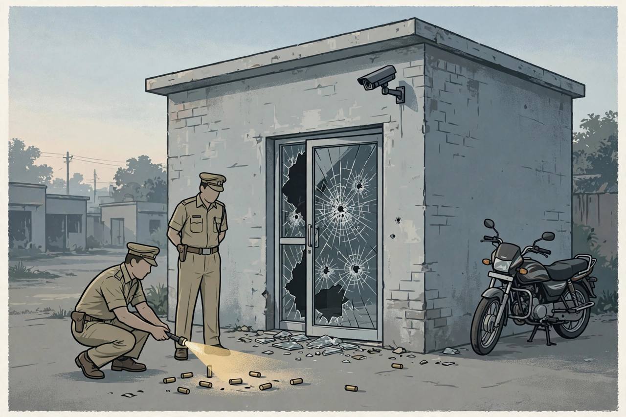 Editorial illustration of Punjab police officers examining bullet shells outside a gym with shattered glass at dawn in Mehta, Amritsar