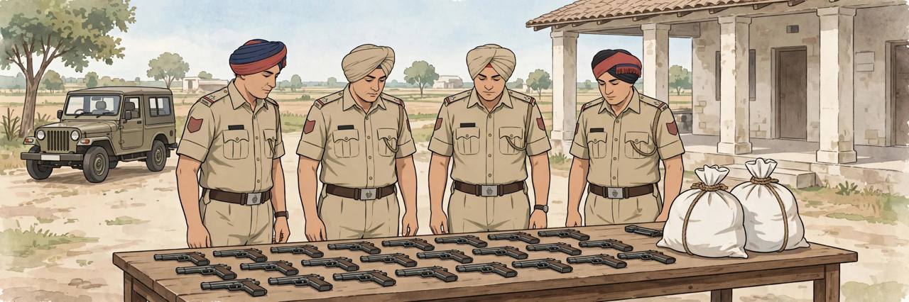Editorial illustration: Punjab Police officers examining seized pistols and two tied sacks laid out on a table at a rural Amritsar police station