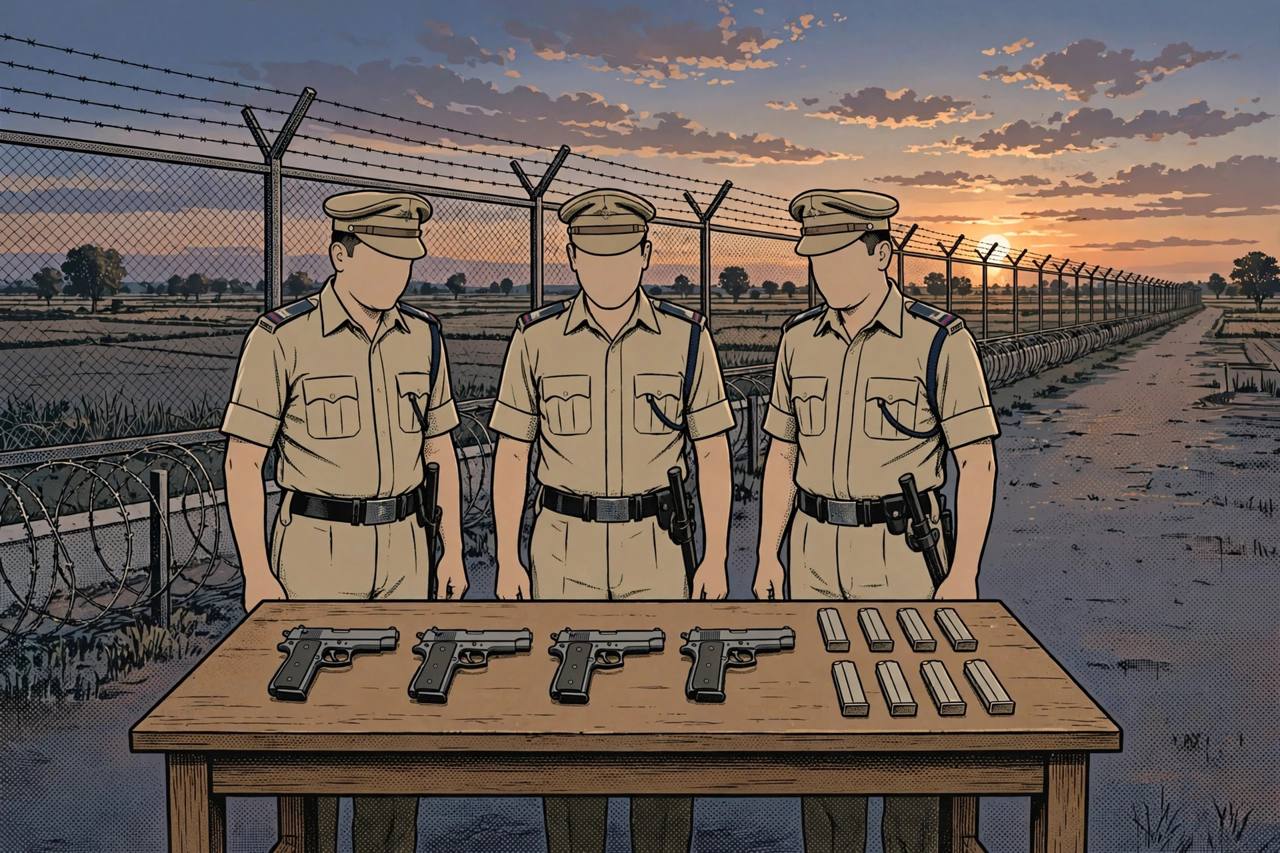 Editorial illustration of Punjab police officers with four seized pistols near the border fence