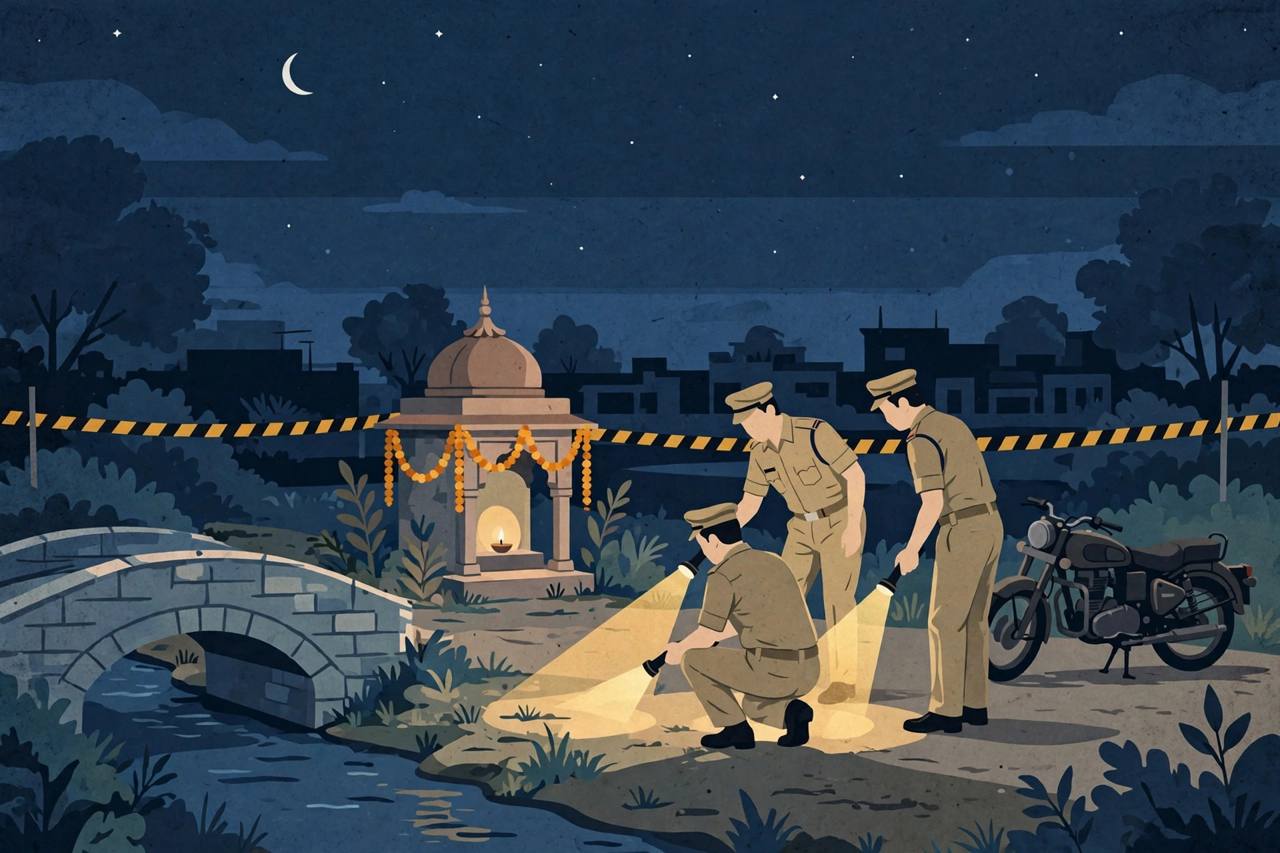Editorial illustration of police examining the scene at night near a shrine by Tara Wala Pul in Amritsar