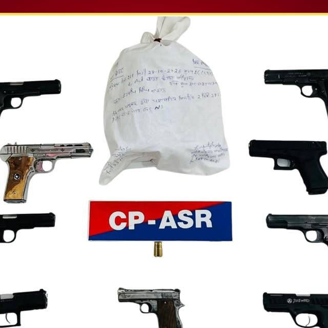 Seized pistols arranged around a sealed evidence bag with a CP-ASR placard after Amritsar Commissionerate Police busted three drug and arms networks