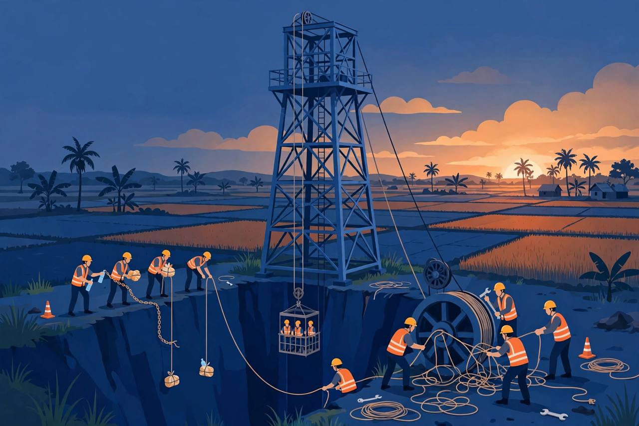 Editorial illustration of a coal mine headgear tower at dusk with rescue workers freeing an entangled pulley drum and a lift cage stuck in the shaft