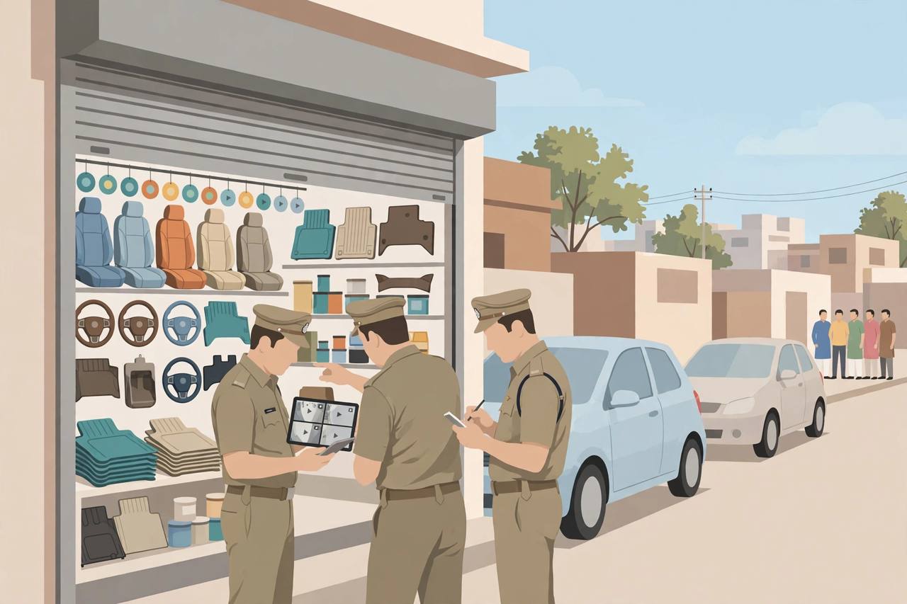 Editorial illustration of Punjab police officers reviewing CCTV footage on a tablet outside a car-decoration shop on Jalandhar Road in Batala, with parked cars and onlookers in the background