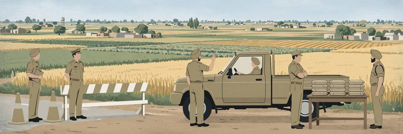 Editorial illustration of Punjab Police officers at a rural checkpoint with seized contraband packets beside a stopped pickup vehicle