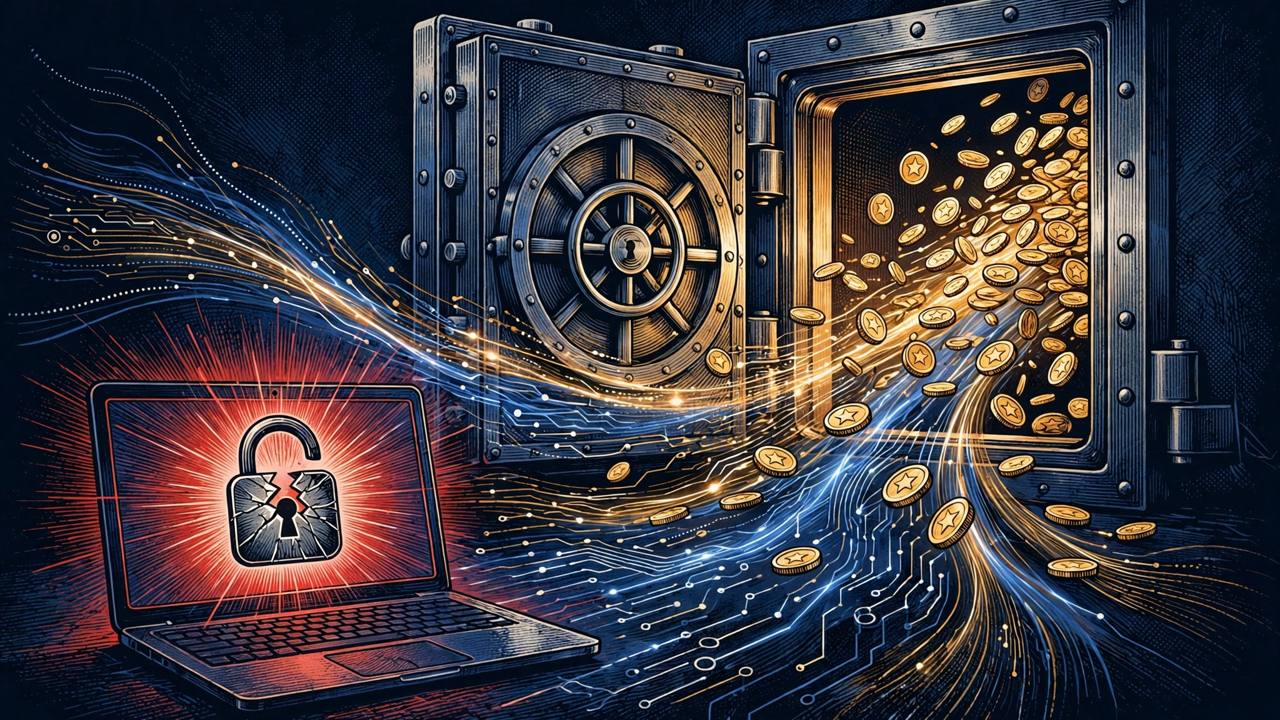 Editorial illustration of an open digital vault with coins and data streams flowing out beside a laptop with a cracked lock
