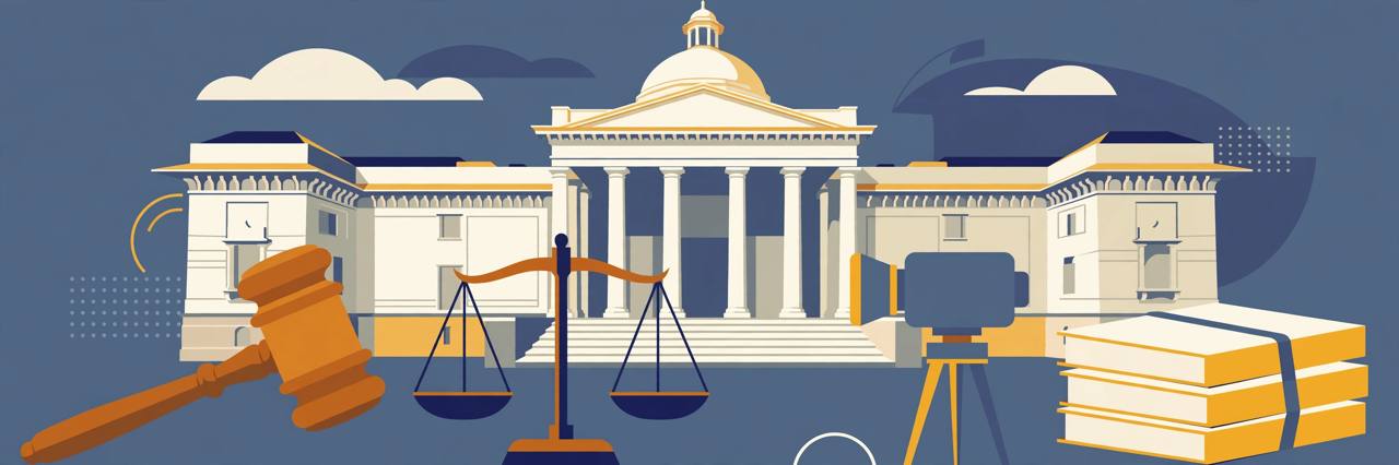 Editorial illustration of a columned court building with a judge's gavel, scales of justice, a video camera on a tripod and a stack of case files