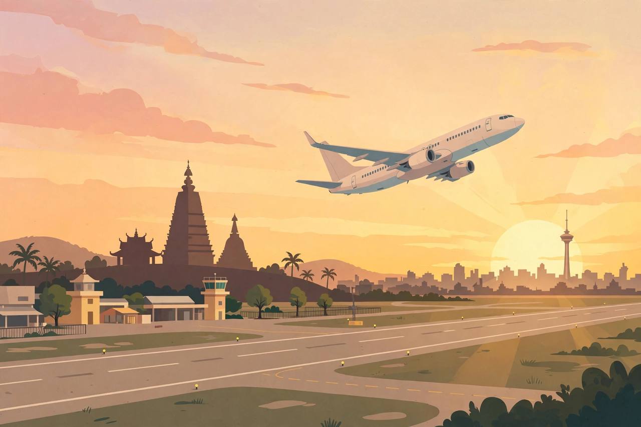 Editorial illustration of a passenger jet taking off from Gaya airport at dawn, with a Buddhist temple silhouette in the background