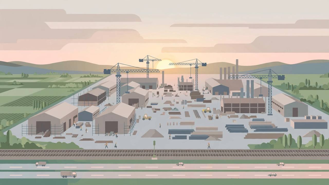 (Editorial illustration) A new manufacturing city under construction in Gaya district, Bihar, with factory sheds, tower cranes, small generic worker figures, a highway and a railway line at sunrise