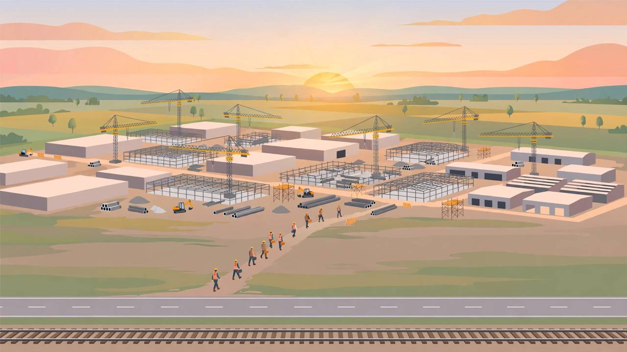 (Editorial illustration) A new manufacturing city under construction in Gaya district, Bihar, with factory sheds, tower cranes, small generic worker figures, a highway and a railway line at sunrise
