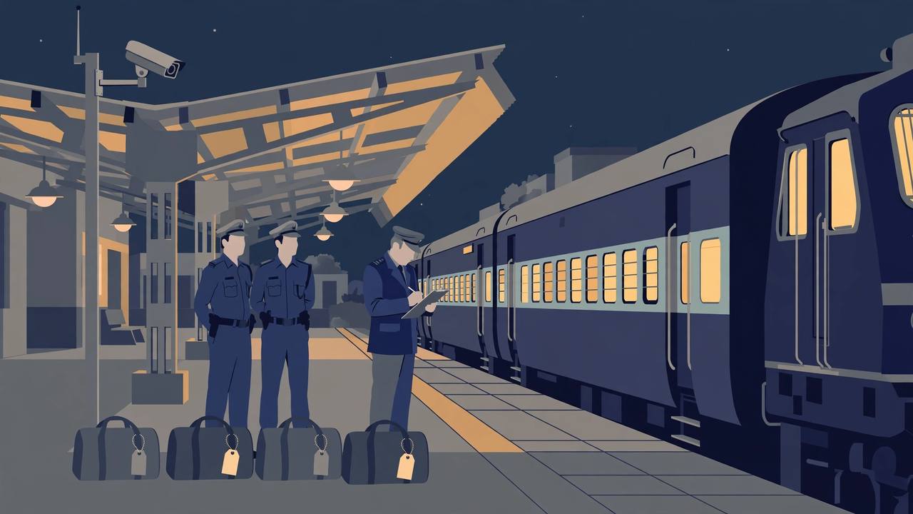 Editorial illustration of a railway station platform at night with a train, a CCTV camera, uniformed railway police figures and sealed evidence bags