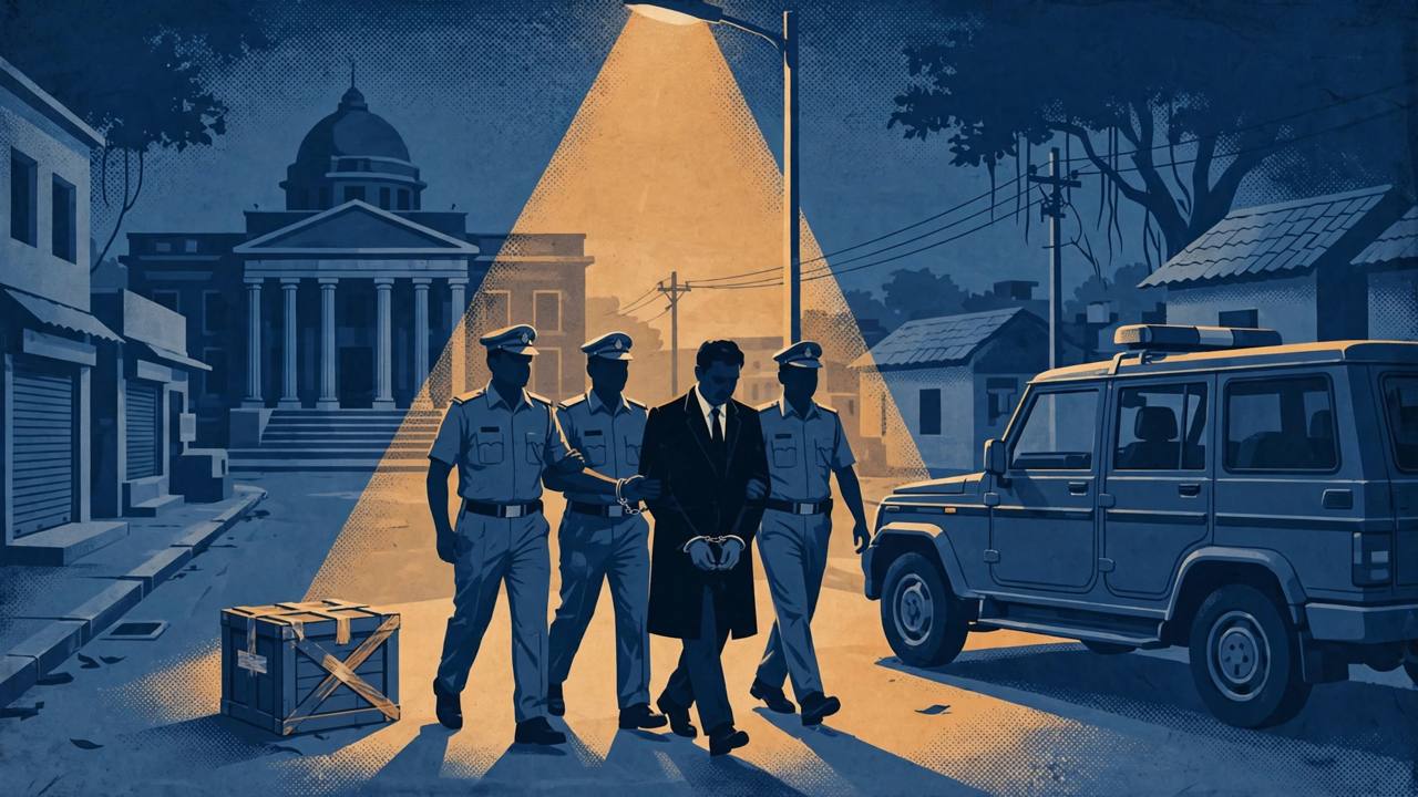 Editorial illustration of officers escorting a handcuffed man in a lawyer's black coat toward a police vehicle at night in Hajipur, with a courthouse in the background