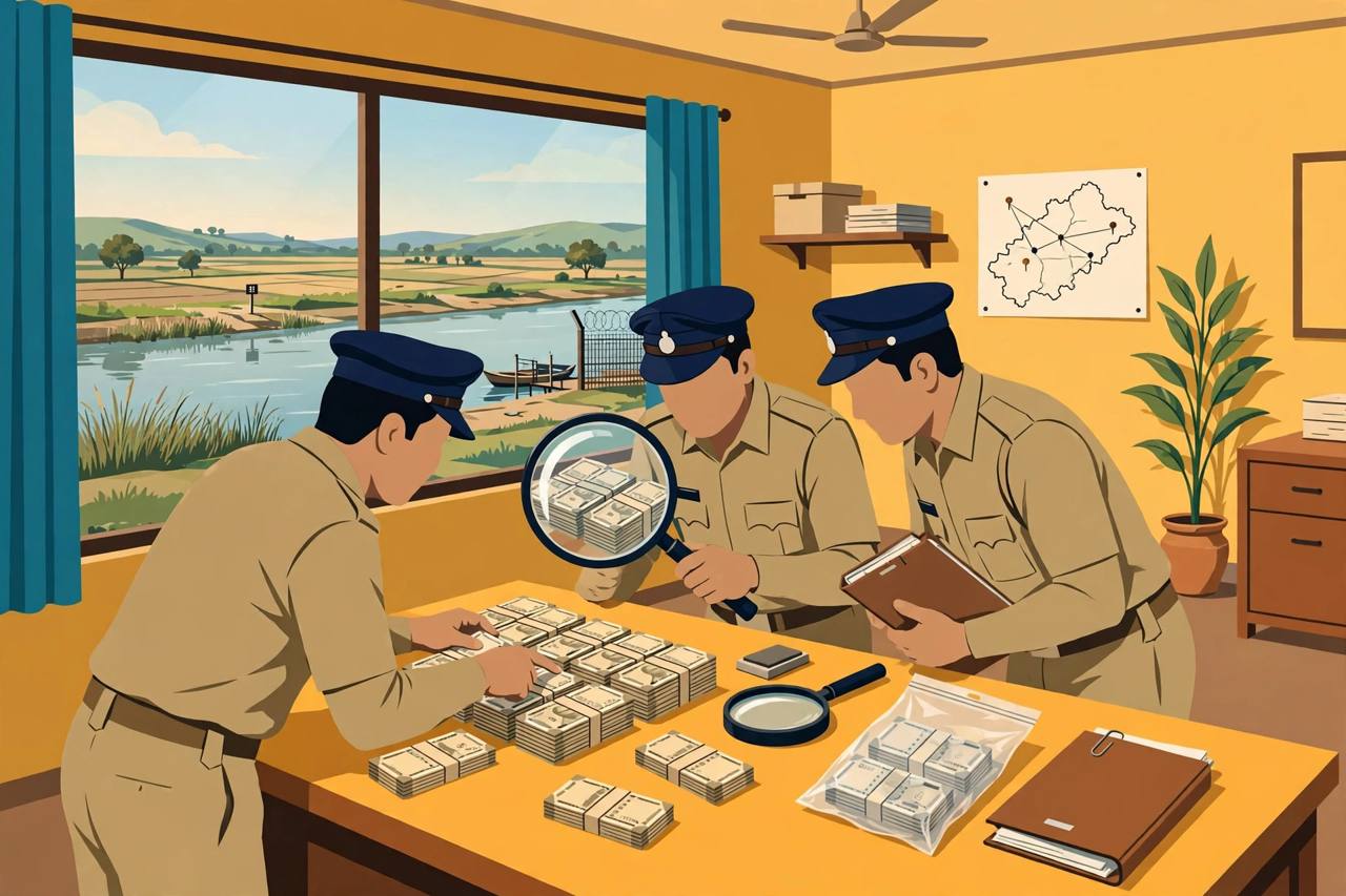 Editorial illustration of investigators in Madhubani examining bundles of counterfeit currency notes on a table under a magnifying glass with a border river landscape behind