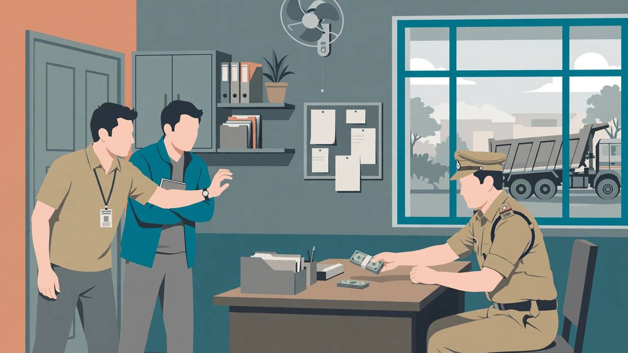 Editorial illustration of a vigilance trap at a traffic police office in Madhubani, Bihar