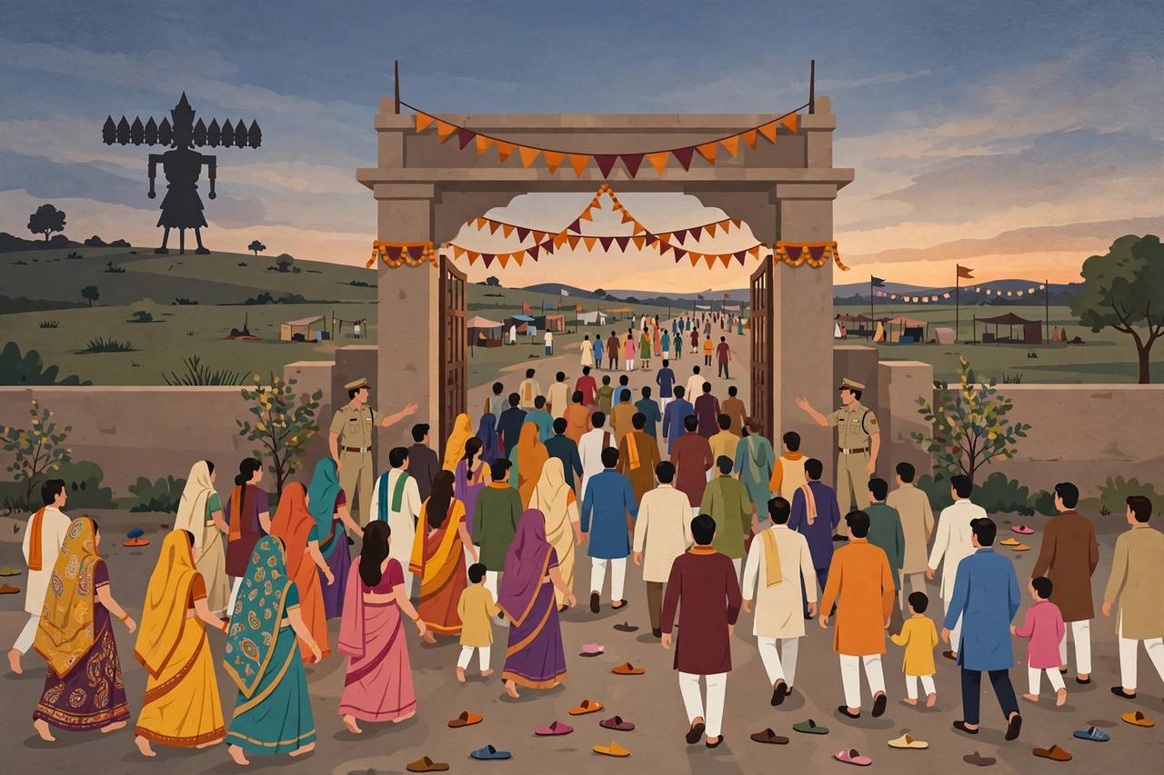 Editorial illustration of a large festive crowd leaving a festival ground through a main gate at dusk after a Ravan Dahan ceremony in Masaurhi, Bihar