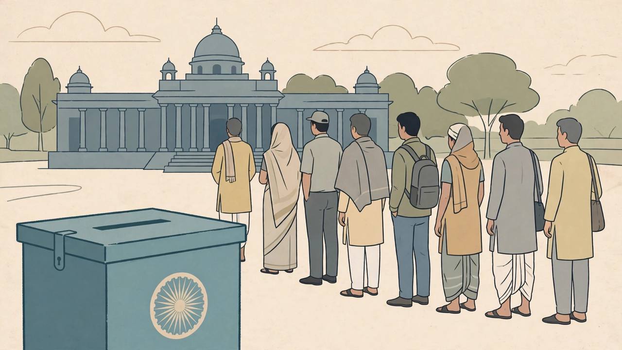 Editorial illustration of voters queuing at a polling station in Bihar with a ballot box in the foreground