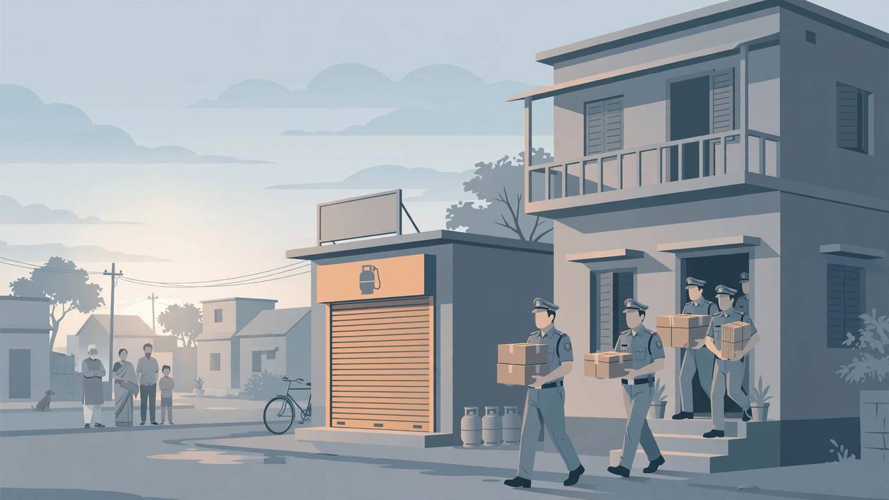 Editorial illustration of police investigators carrying sealed document boxes out of a two-storey house in a small Bihar town at dawn, beside a shuttered gas agency
