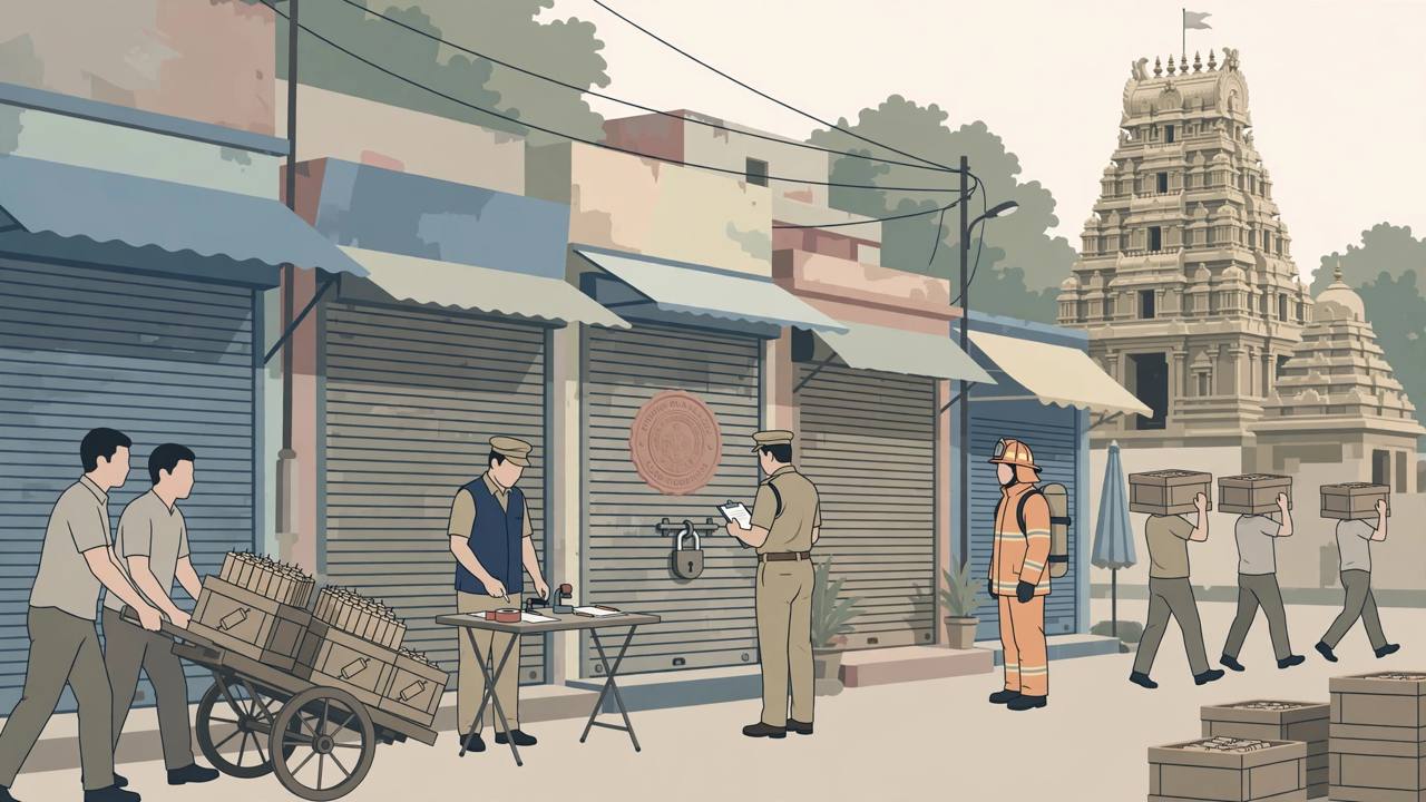 Editorial illustration of officials sealing a row of small firecracker shops in a Muzaffarpur market street near a temple, with crates of firecrackers being carried away and a padlock on a shutter
