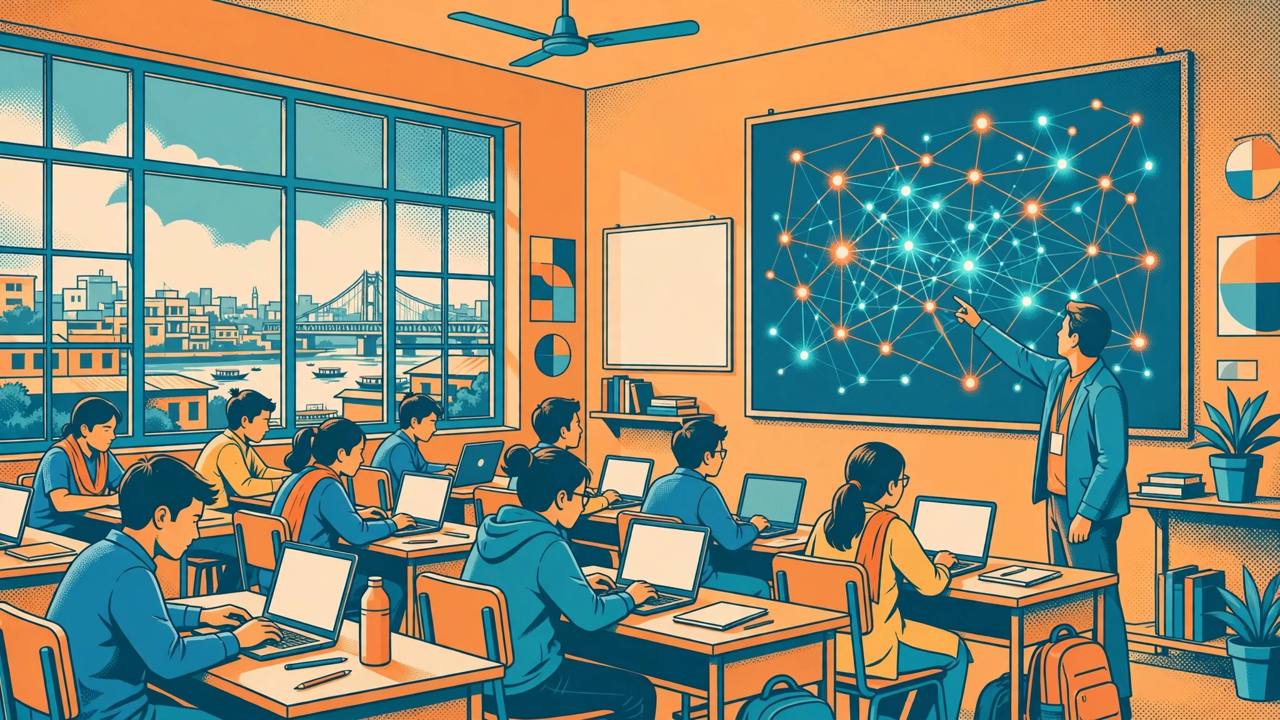 Editorial illustration of students learning on laptops in a technology classroom with a large screen showing an abstract AI network