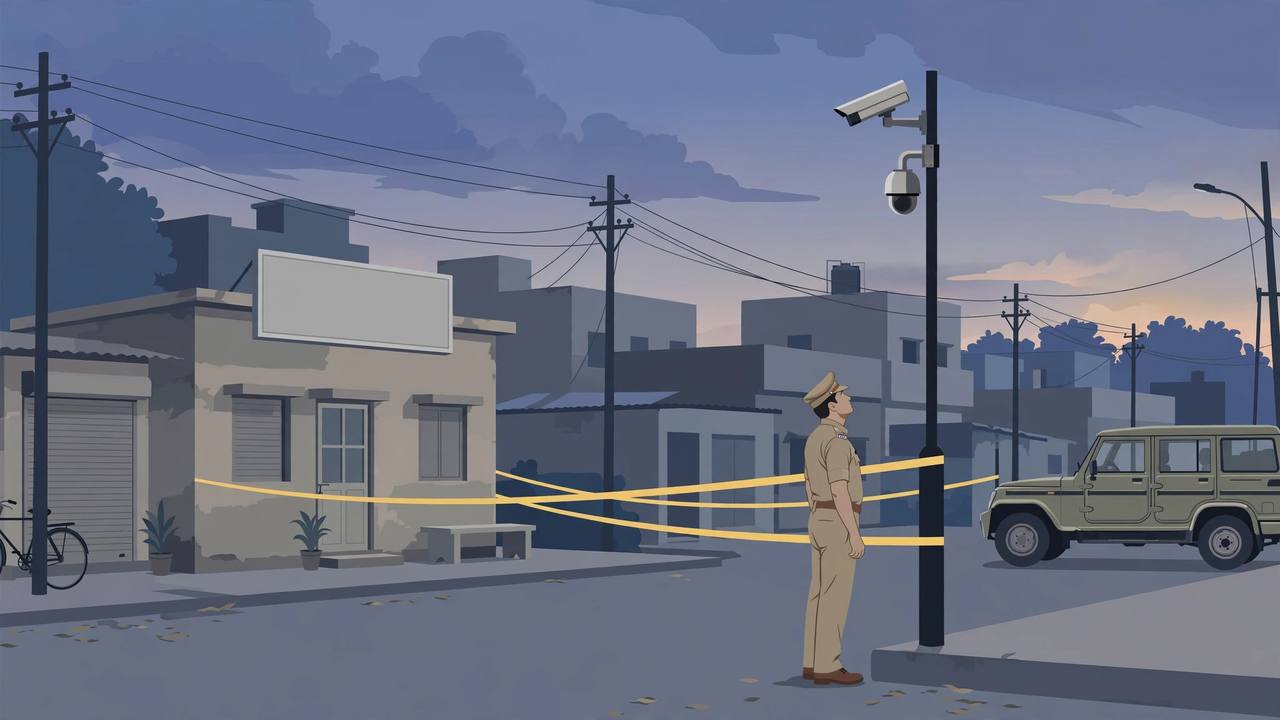 Editorial illustration of a quiet Patna street at dusk with a small clinic building, yellow police cordon tape, a police officer looking up at a CCTV camera on a pole and a police jeep nearby