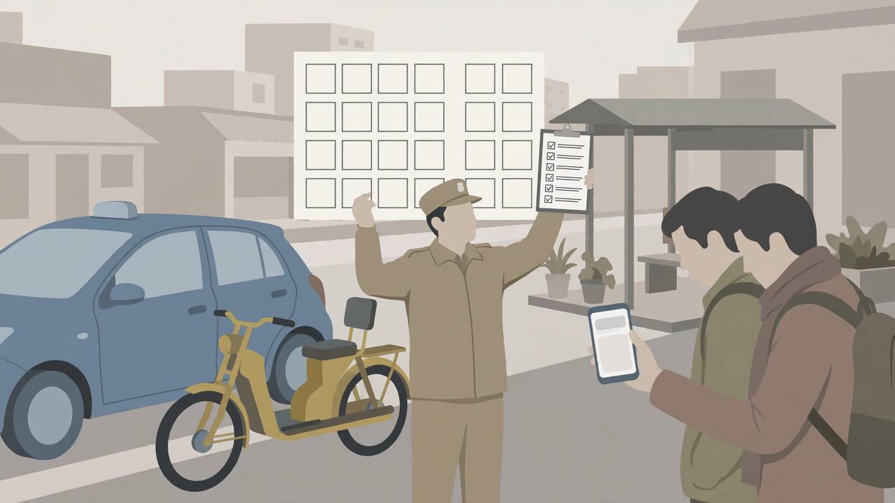 App taxi and bike-taxi waiting in Patna while an official holds a calendar and checklist and a passenger checks a fare screen