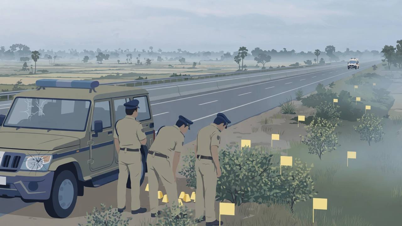 Editorial illustration of police officers beside a police vehicle with a cracked headlight at dawn on a rural road near Bakhtiyarpur, Patna, with forensic evidence markers near bushes