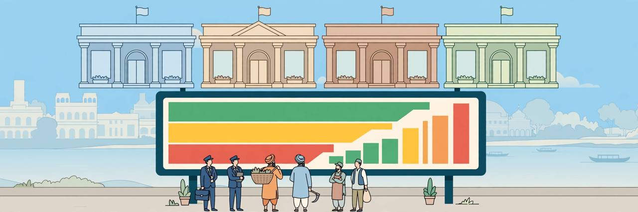 Editorial illustration of generic bank buildings in Patna with a ranking chart showing green, yellow and red zones and rising bar graphs, with generic bankers, farmers and shopkeepers in front