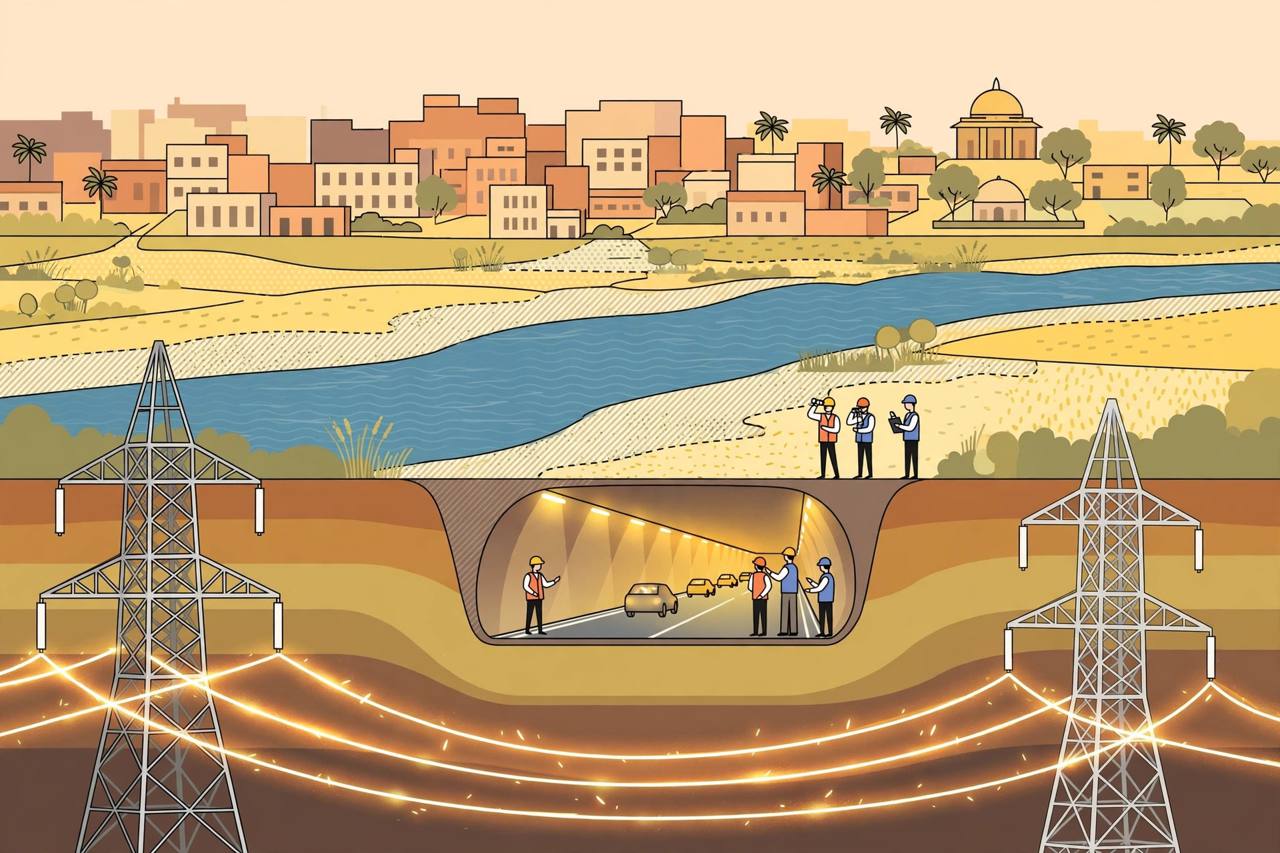 Editorial illustration of Patna power lines, a river floodplain and an underground road corridor