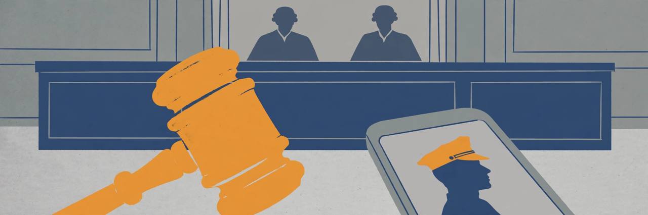 (Editorial illustration) A tribunal bench with a gavel and a smartphone showing a generic police silhouette