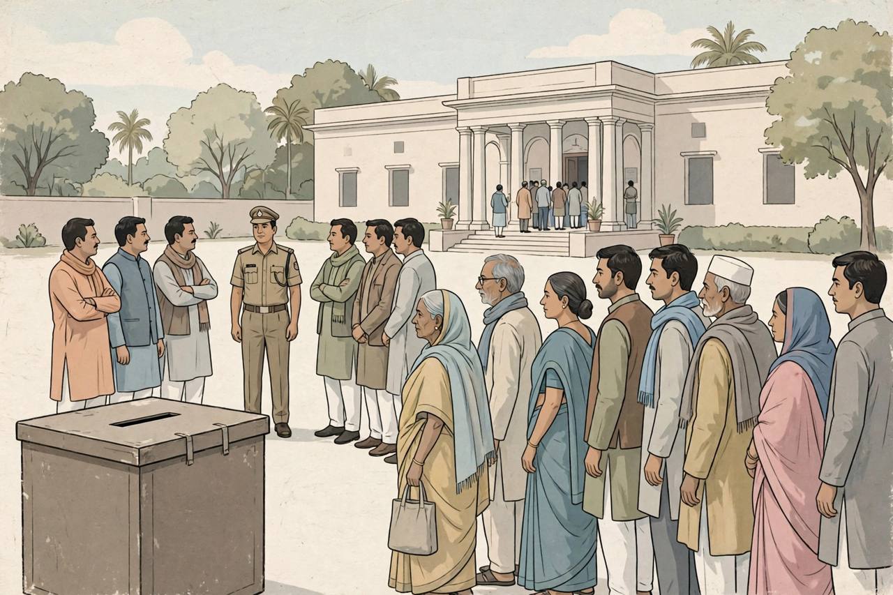 Editorial illustration of generic voters queuing at a polling station with a ballot box and a police officer keeping order between two groups of political workers