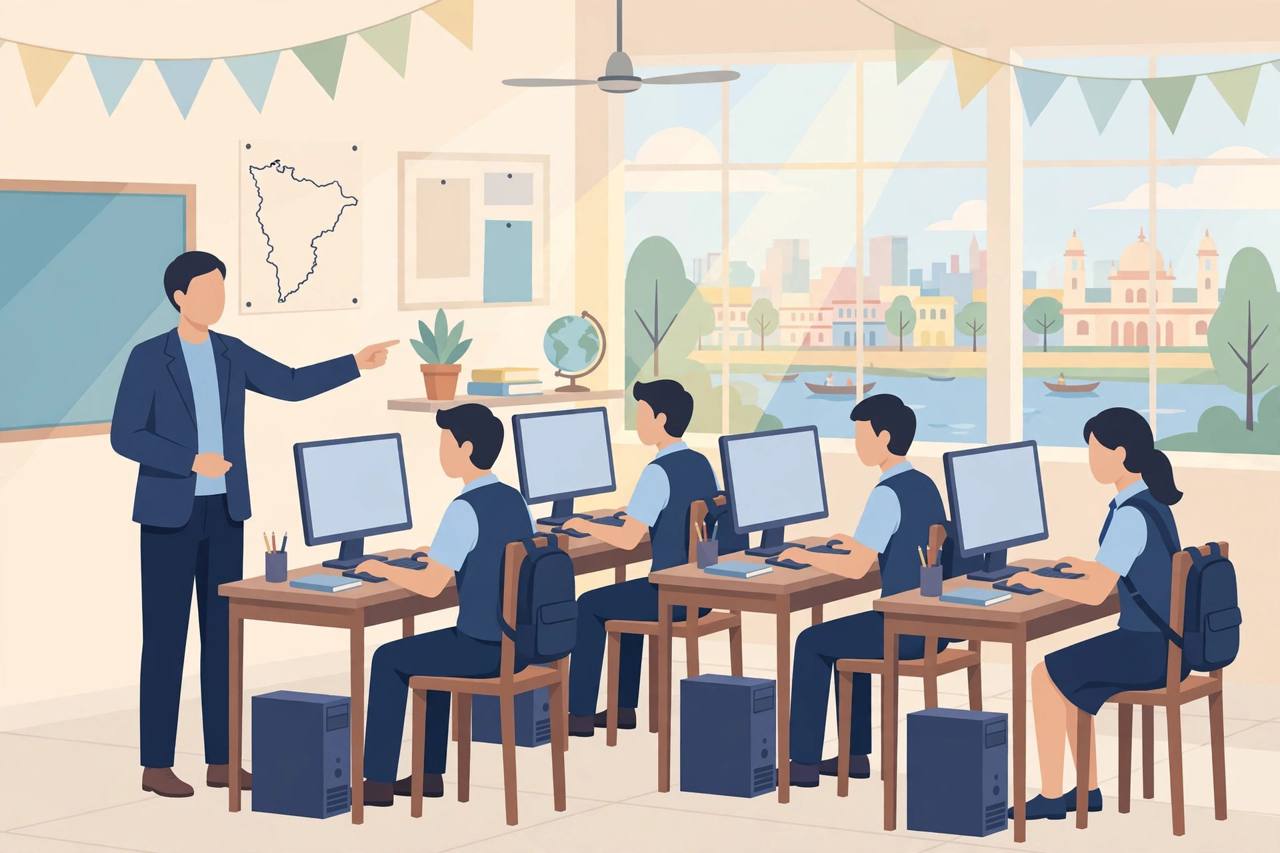 (Editorial illustration) School students in uniforms learning at desktop computers in a bright classroom in Patna, Bihar, with a teacher pointing at a computer screen