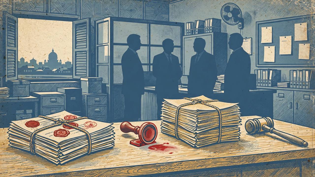 Editorial illustration of an enforcement office desk in Patna with sealed property documents, an attachment seal, examination paper bundles and a gavel