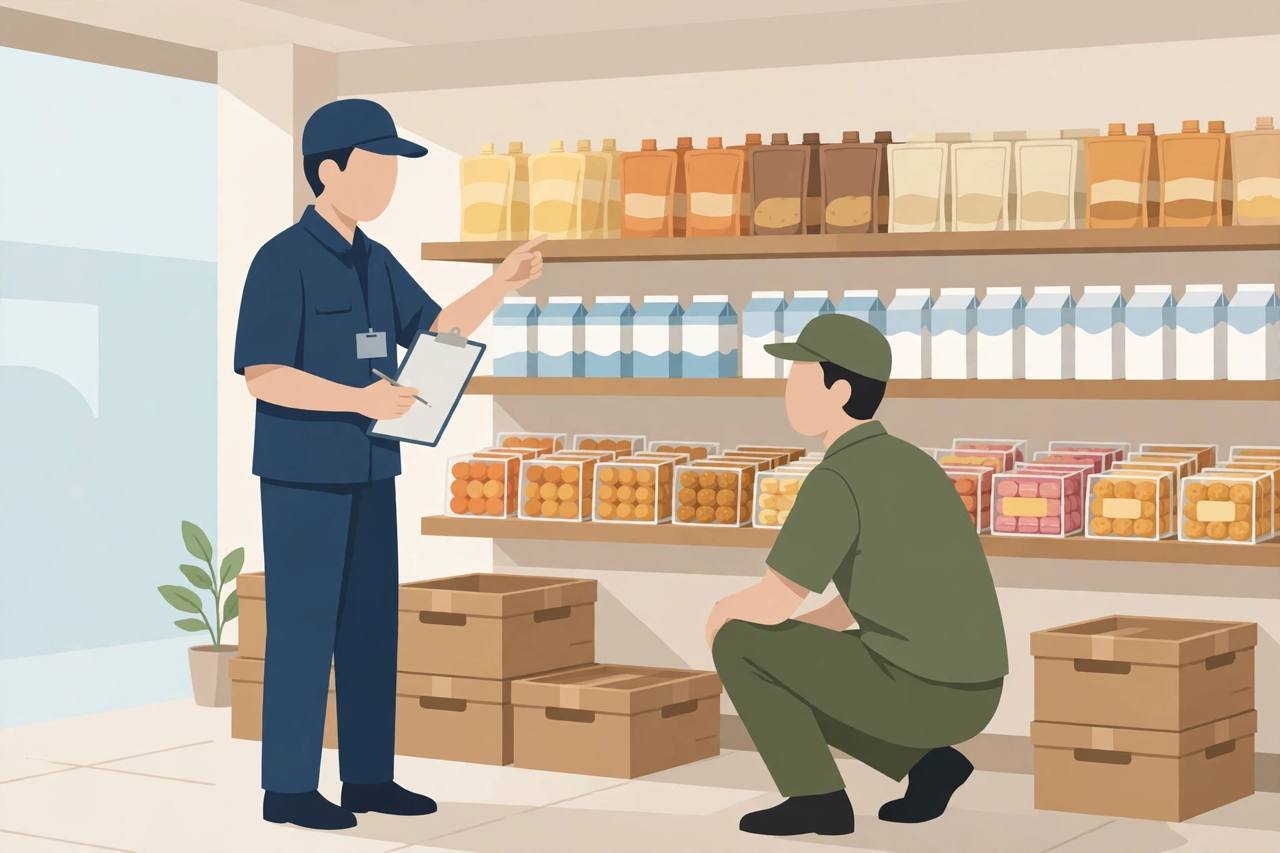 Editorial illustration of food safety inspectors examining packaged food and sweets inside a Patna food shop, with sealed crates nearby