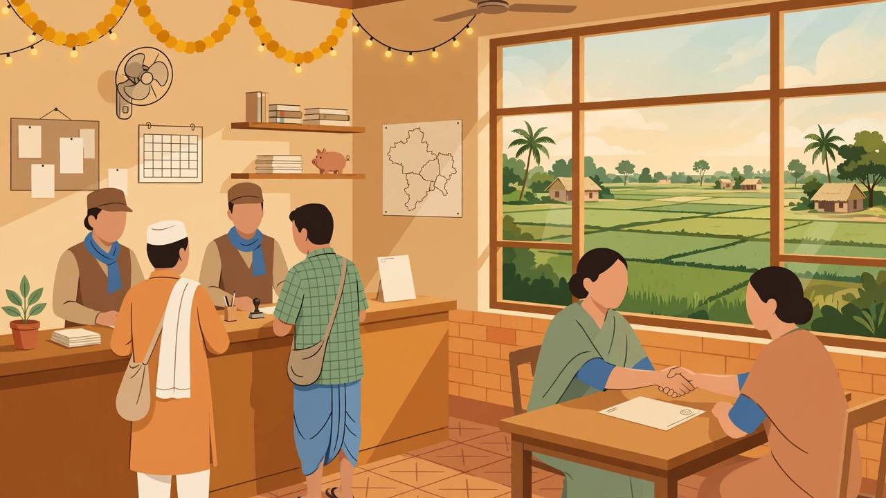 Editorial illustration of generic staff and customers at a rural bank branch in Bihar, with a handshake over a settlement document