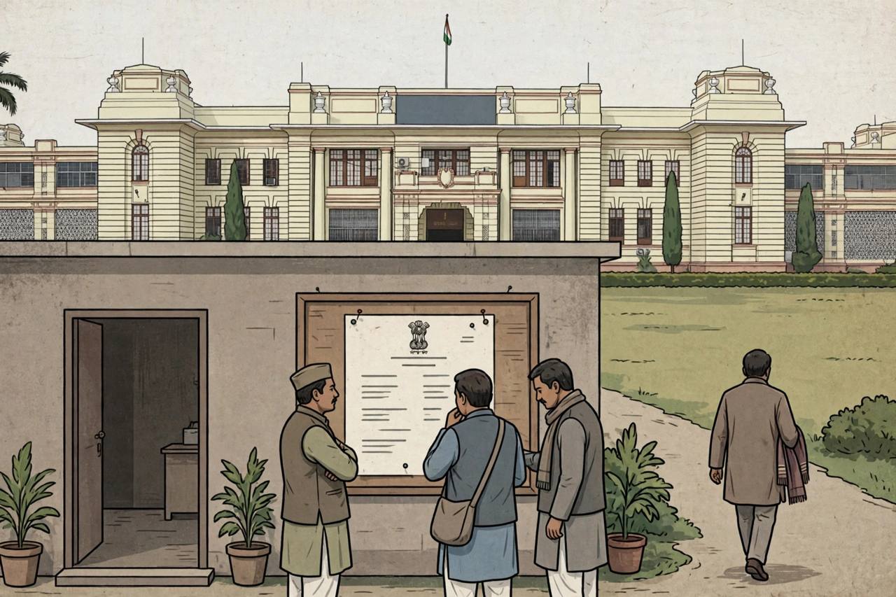 Editorial illustration of generic political party workers outside a party office in Patna looking at an official expulsion notice on a notice board, with the Bihar assembly building in the background