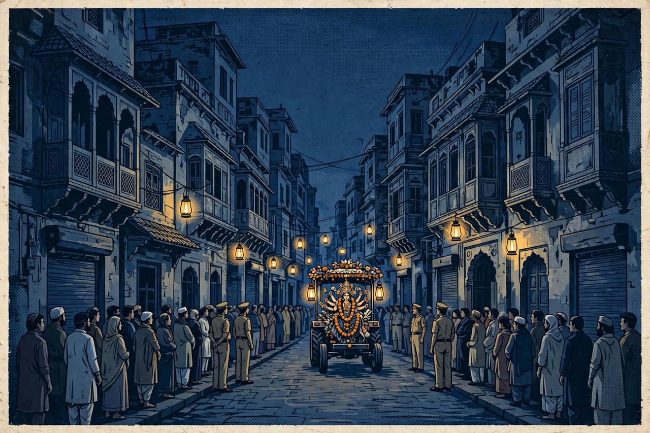 (Editorial illustration) A Durga idol immersion procession moving through a Patna City street at night, with police standing watch