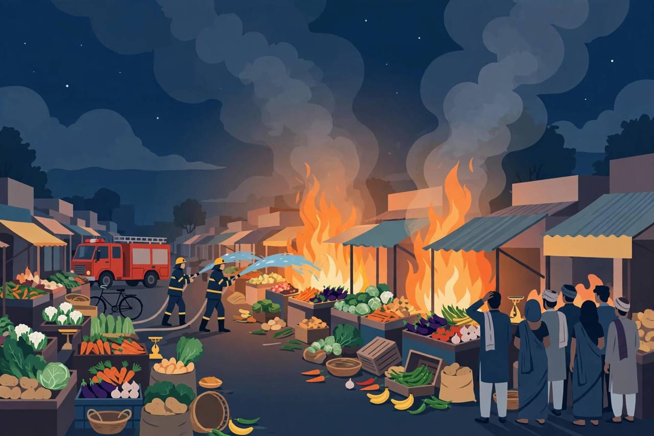 Editorial illustration of firefighters battling a pre-dawn blaze at a crowded vegetable market in Patna, with flames and smoke rising from small shops and stalls