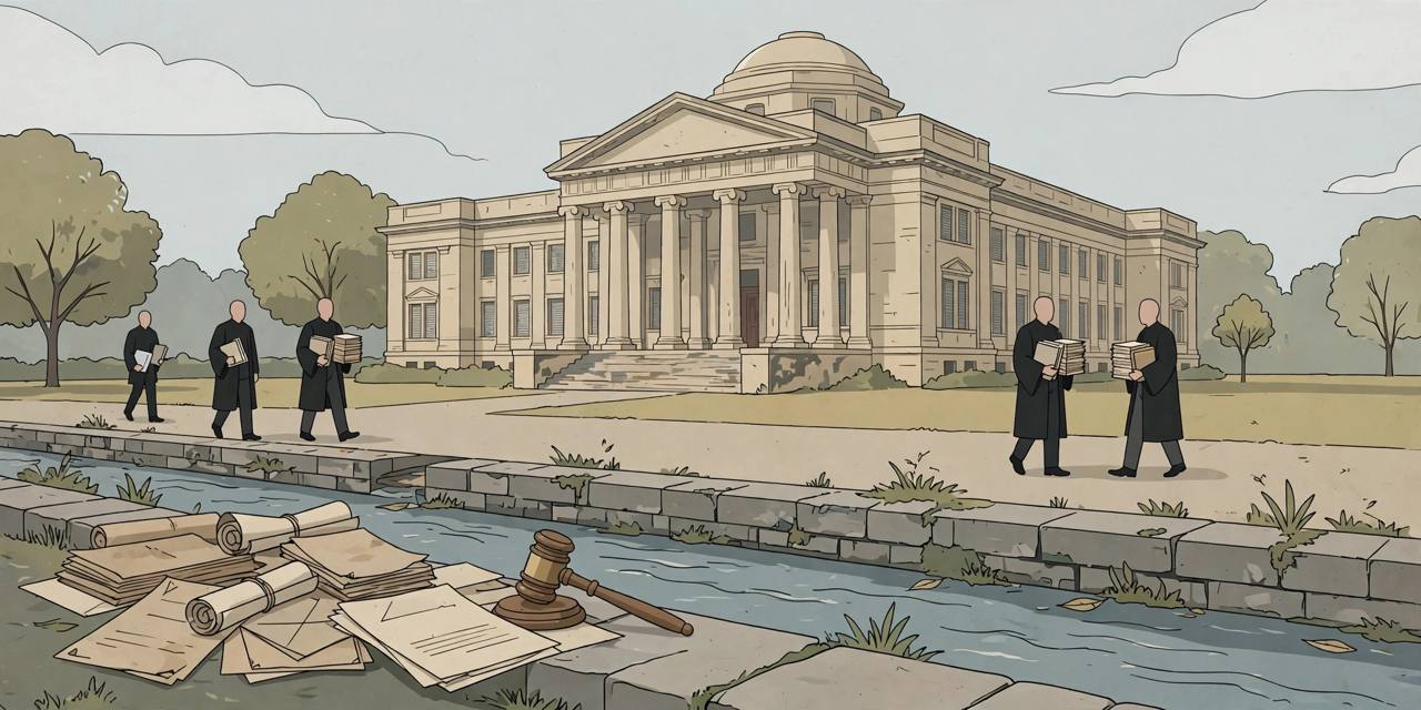 Editorial illustration of a courthouse, land records and a drainage channel in Patna
