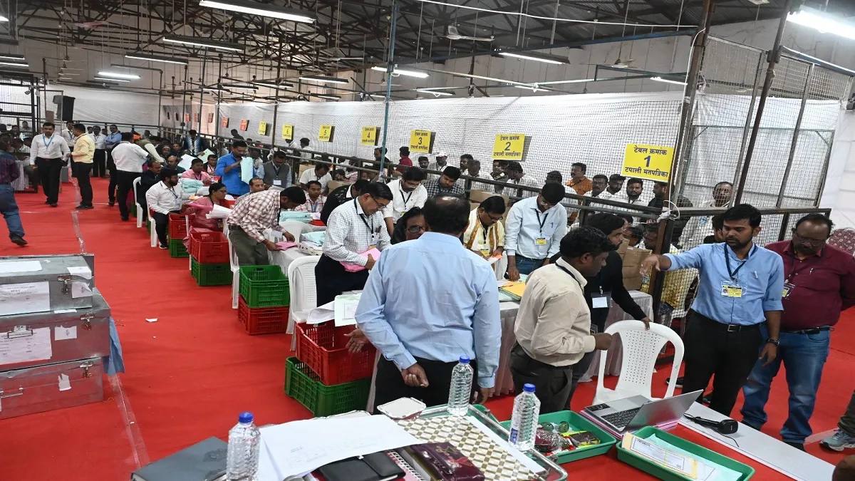 File photo of election officials counting ballot papers at a counting centre in India