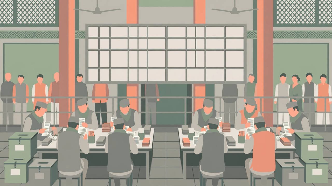 Editorial illustration of election officials counting paper ballots at long tables inside a vote counting hall
