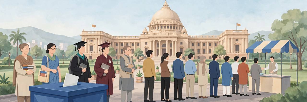 Editorial illustration of generic teachers and graduates queueing to vote at a legislative council polling booth in Patna, with a ballot box in the foreground