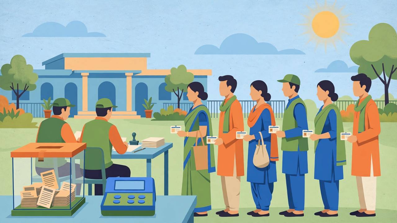 (Editorial illustration) Voters holding voter ID cards queue outside a polling station in Patna, Bihar, with a ballot box and voting machine in the foreground