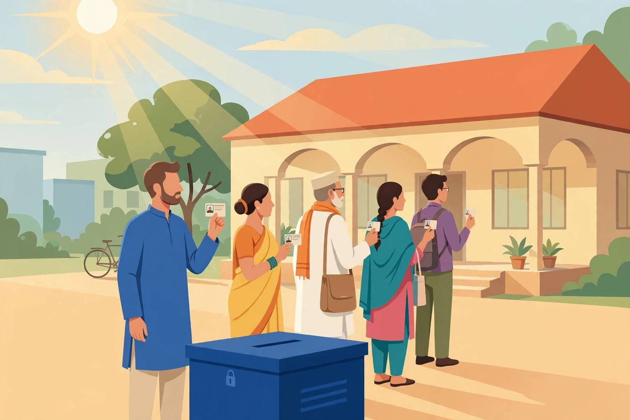 Editorial illustration of voters queuing at a polling station in Patna, Bihar, holding voter ID cards, with a ballot box in the foreground