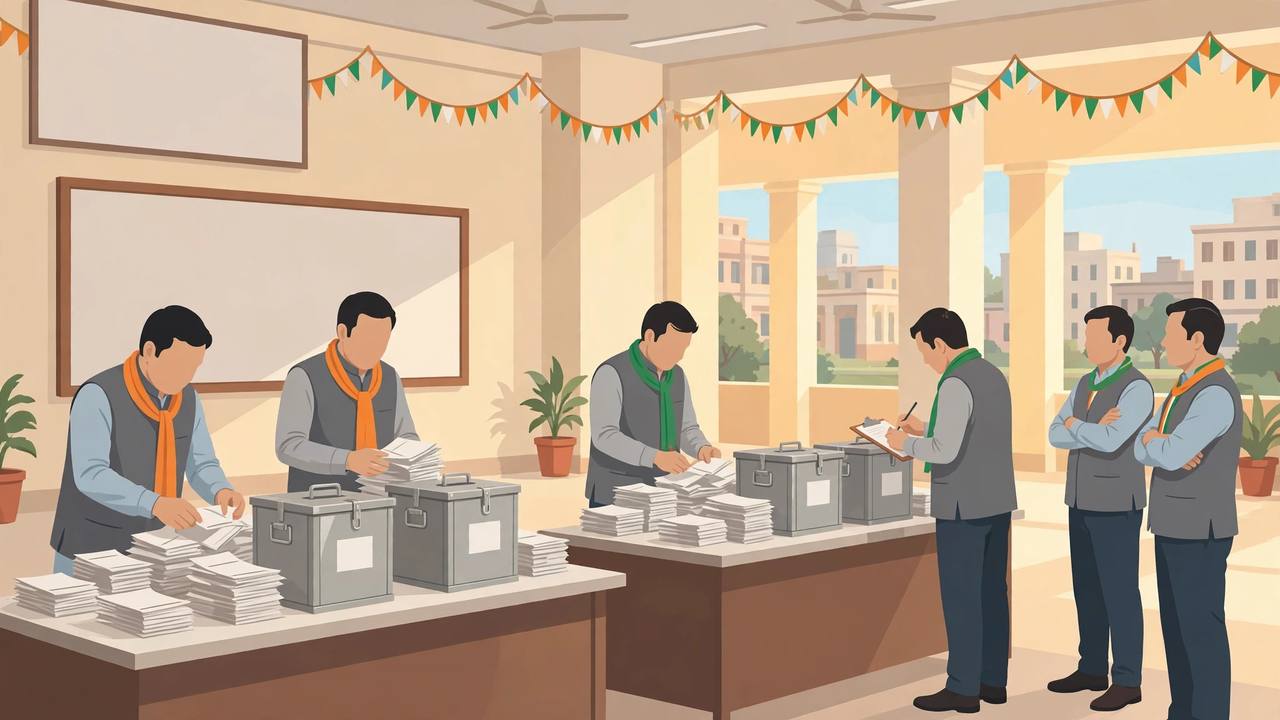 Editorial illustration of an election vote-counting hall in Patna with sealed ballot boxes and paper ballots on long tables