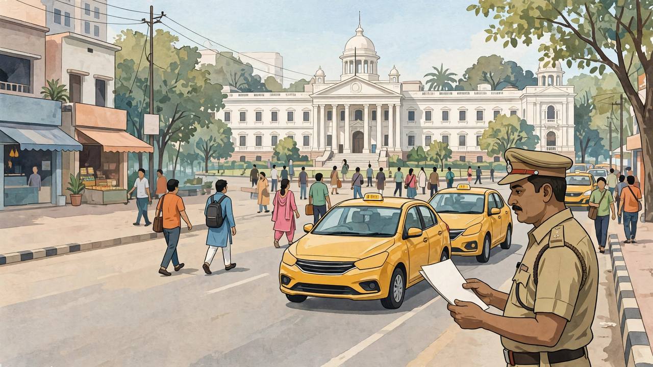 Editorial illustration of app-based taxis on a busy Patna street in Bihar with a government building in the background and an official holding a notice, daytime